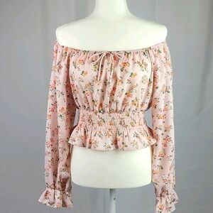 Gianni Bini off the shoulder long sleeve pink floral  crop top M